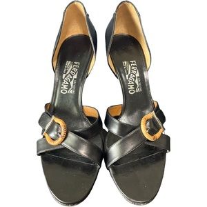 Salvatore Ferragamo Black Leather Sandal Heels Pumps D'orsay Wicker Buckle 9